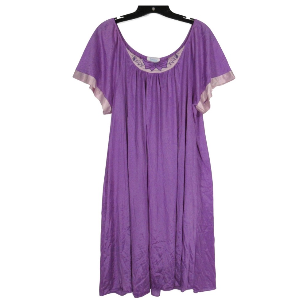 VTG FINESSE Silky NYLON Purple EMBROIDERED BOW Pleated LOUNGE NIGHTGOWN Sz L